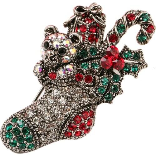 Hot Christmas Antique Silver Color Sock Shaped Cute Bears Rhinestone Chunky Brooch for Women Men Gift Jewelry