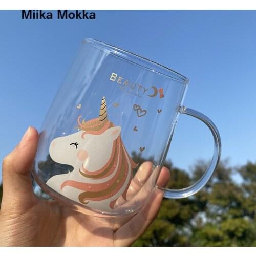 Cute Cartoon Unicorn Glass 520ml Ins Korean Style Transparent with Lid Spoon Handle Mug Girls Home Water Cup Heat-resistant Cup