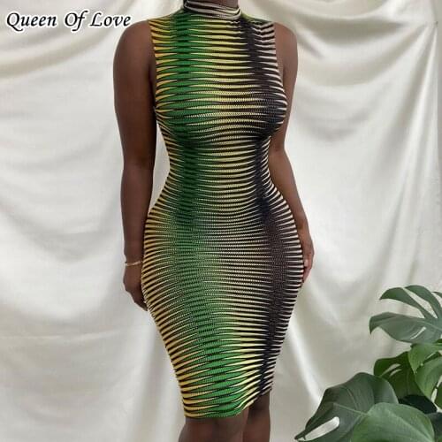 Sexy Sleeveless Bodycon Mini Dress 2021 Summer Fashion Streetwear Striped Mesh Club Party Dresses Y2K Outfit