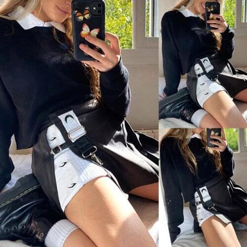 Women Gothic Punk Black White Patchwork Mini A-Line Skirt High Waist Slim Harajuku Buckle Strap Side Split Streetwear