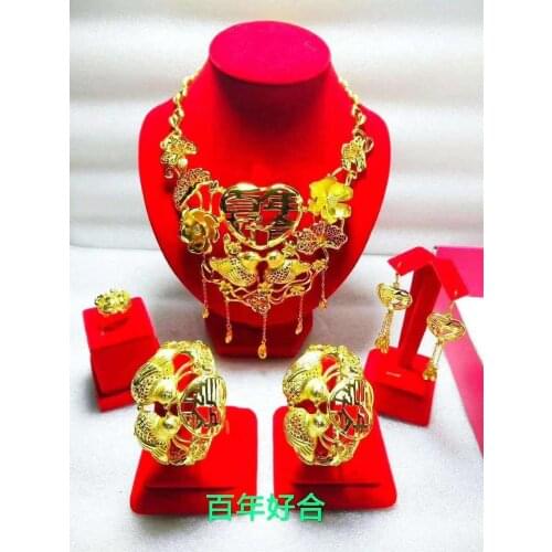 Yulaili Hot Sale Chinese Style Design Gold-color Eternal Love Shape Wedding Jewelry Sets Necklace Bracelet Earrings Ring