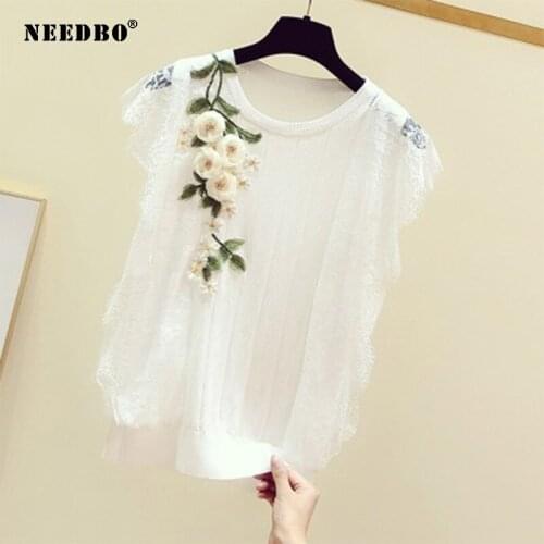 NEEDBO Knitted Tshirt Women Embroidery 3D Flower Casual White Tee Shirt Women 2020 O-neck Short Sleeve Korean Elasticity Tops