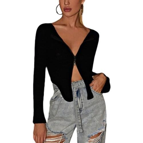 Ladies Sexy Black Knitted Short Tops Knitwear Cardigan Women Long Sleeve Deep V Neck Zipper Slim Fit Fashion Crop Top T-Shirts