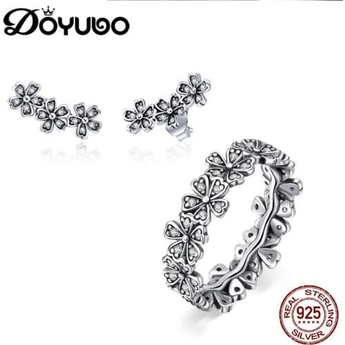 DOYUBO Fashion Womens Sterling Silver Flower Earrings & Rings Jewelry Sets Lady Cubic Zircon Silver Wedding Accessories AB007