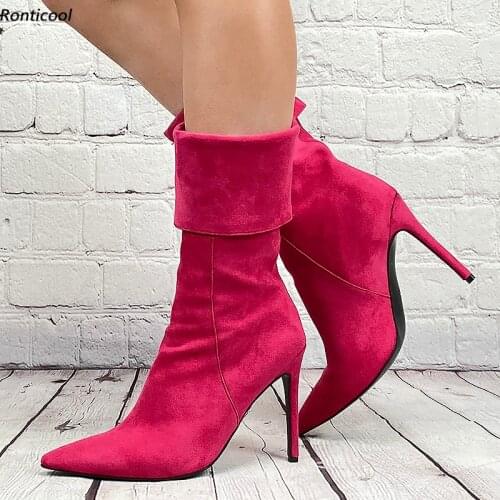 Ronticool Women Winter Ankle Boots Suede Fold Edge Sexy Stiletto Heels Pointed Toe 10 Colors Party Shoes Women Plus US Size 5-15