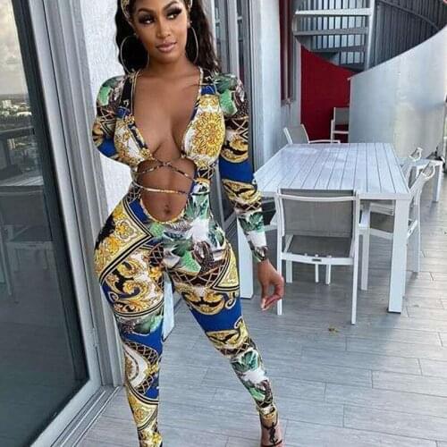 Sexy Print Lace Up Long Sleeve Jumpsuit Women Hollow Out V-Neck Bandage Skinny Bodycon Fitness 2021 Sporty Active Wear Rompers