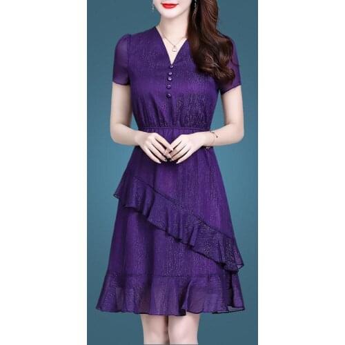 Summer New Button Elegant Purple Temperament Lotus Leaf Slim V-Neck Waist Fashionable Mother Cocktail Dresses 9360