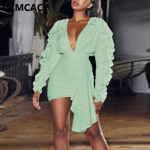Women Long Sleeve V Neck Ruffles Bodycon Mini Dress Elegant Chic Ruched Party Dress