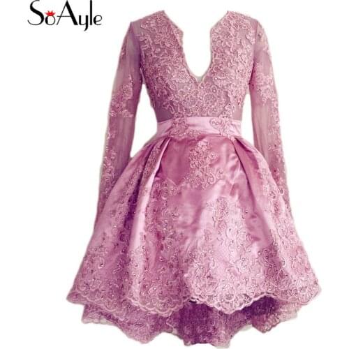 SoAyle Real Picture Vestidos de Cocte Ball Gown 2017 Cocktail Dresses Mini Short Dresses Beading Lace Long Sleeves Puffy Dress
