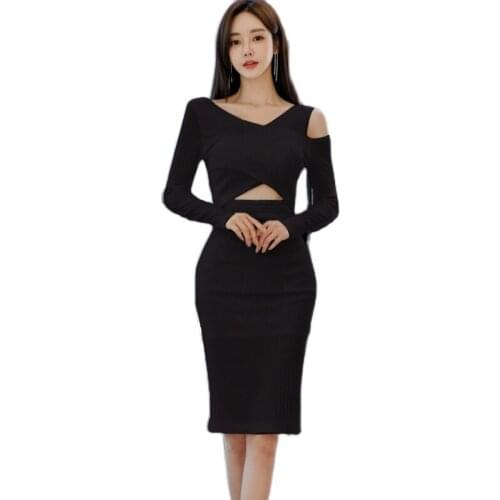 Winter knit Dress one piece Korean ladies Long SLeeve Sexy Club Warm tight Party Dress for china women clothing