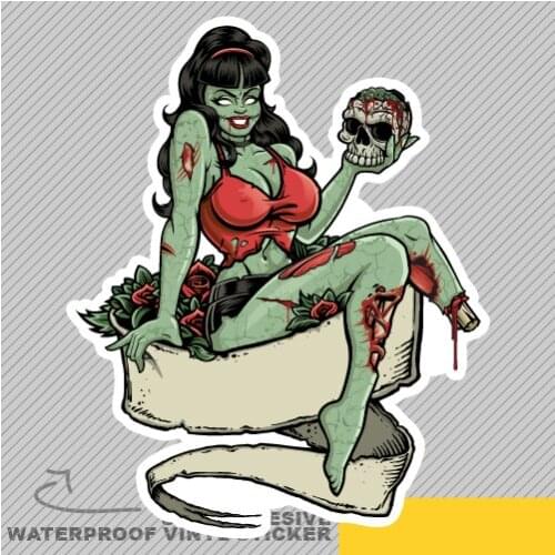 Zombie Pinup Girl Holding A Skull Vinyl for Sticker Windshield Bumper Motorcycle Tuning Laptop Trunk Bike Waterproof PVC