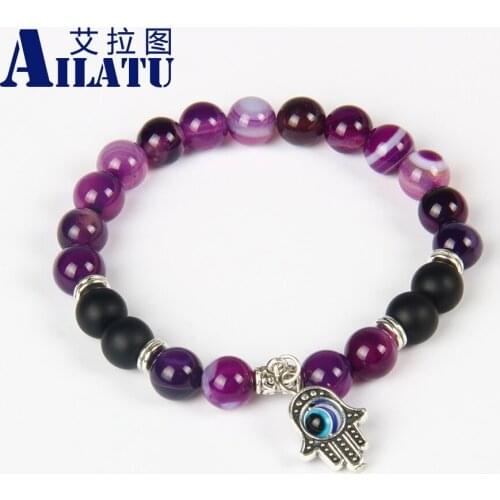 Ailatu New Products Natural Purple Onyx Stone Beads Antique Silver Color Hamsa Bracelet Jewelry Gift