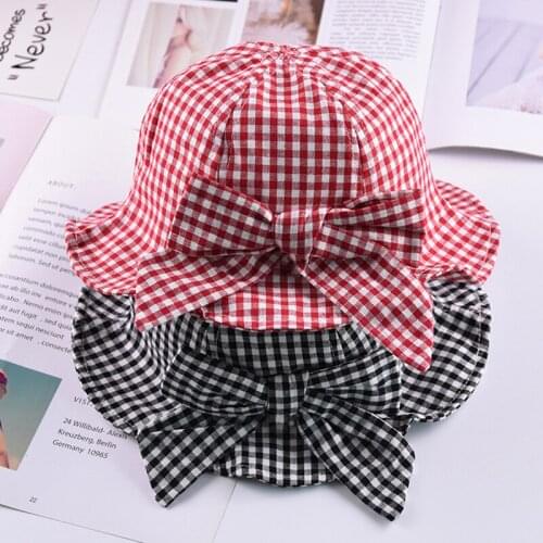 Plaid Bowknot Baby Bucket Hat Soft Cotton Baby Girl Panama Fisherman Hats Outdoor Casual Toddler Kids Sun Cap