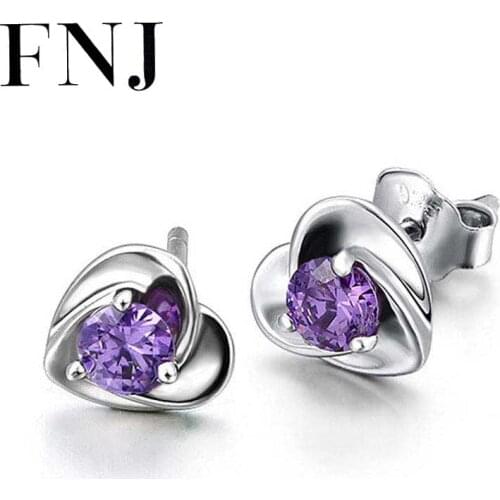 FNJ Earrings 925 Silver Jewelry Original Pure S925 Sterling Silver Stud Earring for Women White Purple Zircon Stone