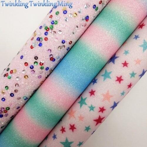 Mixed Colors Glitter Fabric, Rainbow Glitter Leather, Stars Printed Glitter Sheets For Bows A4 21x29CM Twinkling Ming XM950