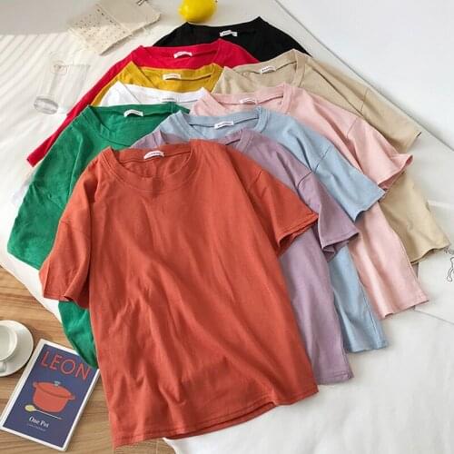 Harajuku Summer Women Basic T-shirt Casual Loose Short Sleeve Bottom Candy Color Cotton T Shirt Female Tops Tees Shirt Femme