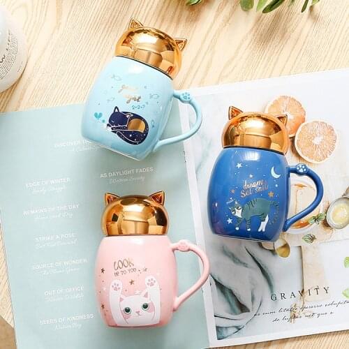 Ceramic Coffee mug,Cute Cat Tea Cups,with Lid and Stainless Steel Spoon,Unique Novelty mugs, Christmas, Birthday for Girls Women