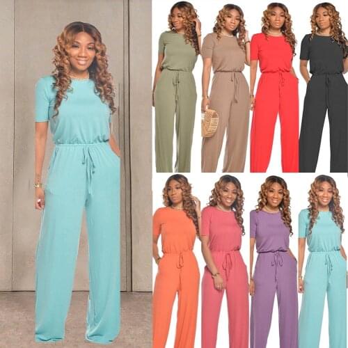 Casual Wide Leg Woman Jumpsuit Short Sleeve O Neck One Piece Outfit Drawstring Long Rompers Summer Solid Overalls Streetwear