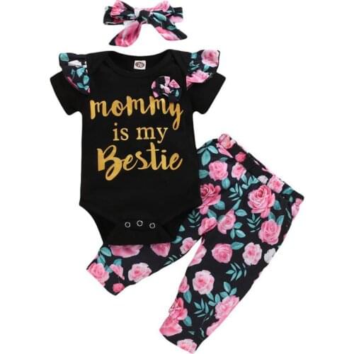 3pcs Baby Girl Sets 2021 Summer Newborn Bosysuit Clothing+flower Trousers+hairband Short Sleeve Kids Clothes Suit 0-24m Outfits