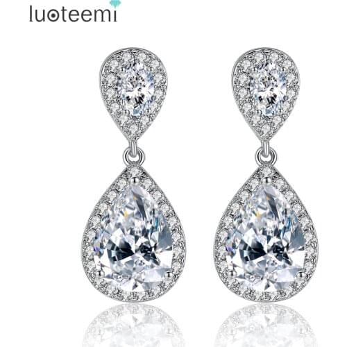 LUOTEEMI Popular Fashion High quality White Gold Color Clear Cubic Zirconia Drop Earrings for Women Yiwu Teemi Jewelry Factory