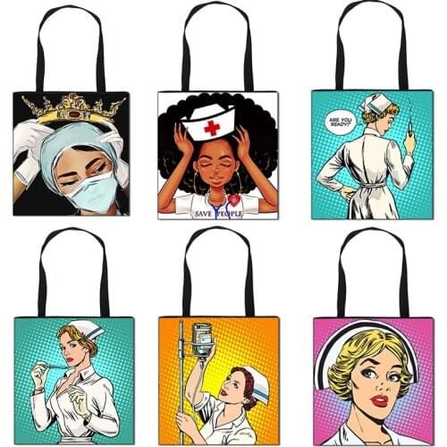 Ladies Handbag Beautiful Nurse Printing Foldable Green Shopping Bag Girl Shoulder Bag Travel Portable Storage Bag