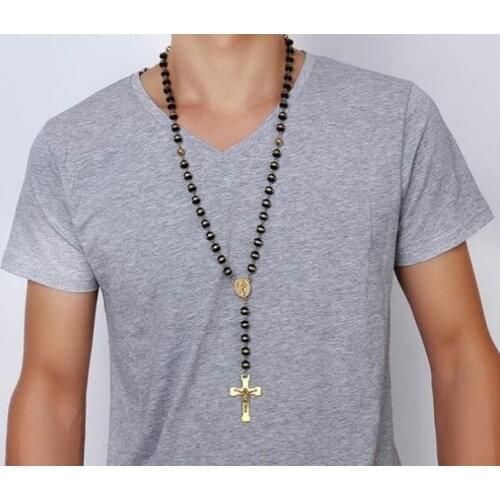 8mm Ball Mens Black Stainless Steel Black Gold Silicone Beads Rosary Necklace with Cross Pendant