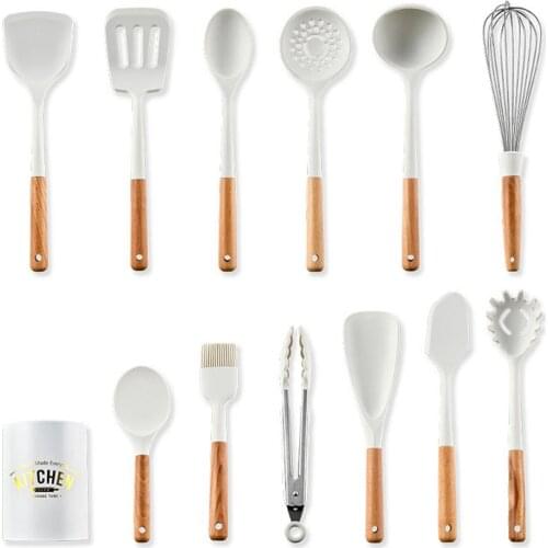 12PC Silicone Kitchenware Set Wooden Handle Spatula Spoon Egg Whisk Scraper Tongs Basting Brush Storage Case Kitchenware Set