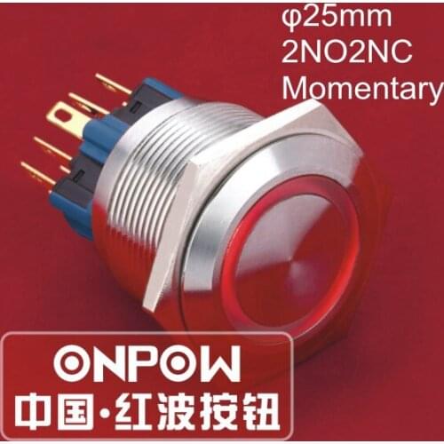 ONPOW 25mm 2NO2NC 12V Red LED ring illuminated Waterproof IP65 Stainless steel Push button switch (GQ25-22E/R/12V/S) CE, ROHS