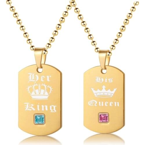 Uloveido Her King and His Queen Necklaces & Pendants Titanium Couple Gold Color Necklace Stainless Steel Suspension Gifts SN118