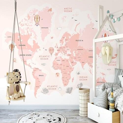 Dropship Custom 3D Photo Wallpaper for Kids Room Hot Air Balloon Sea World Map Wall Paper Child Wooden World Map Pink Wallpaper