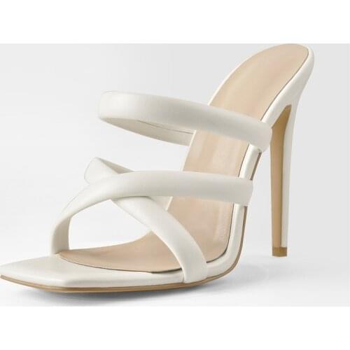 Richealnana Summer Slip-On Matte White Sandals High Heel Mules Square Toe Concise Fashion Ladies Shoes Casual Daily Soft PU