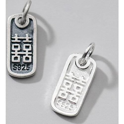 925 Sterling Silver Vintage Rectangle Tag Blessing Double Happiness Charms Entire S925 Silver Necklace Pendant DIY Jewelry Make