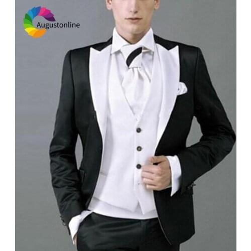 Vintage 2019 Slim Fit Black White Lapel Men Suits For Wedding Bridegroom Costume Prom Tuxedo Best Man Blazer Jacket+Pants+Vest