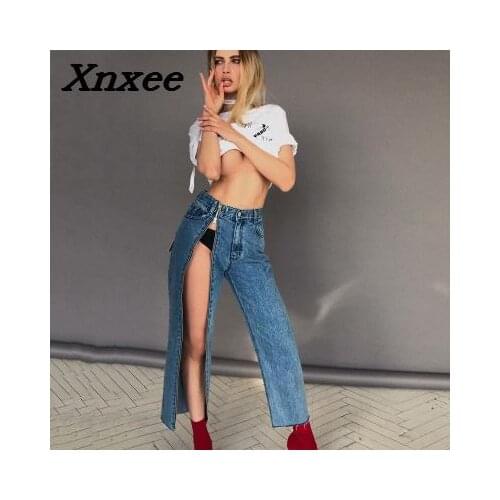 Women jeans fashion sexy split zipper vintage high waist wide leg denim pants female loose causal denim trousers Xnxee