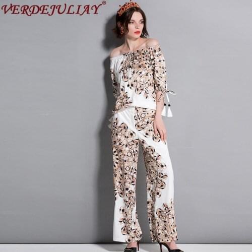 European Print Summer OL Suits Half Sleeve Pullover Slash Neck Top + High Street Loose Pant Women Hot Sale Colorful Sets