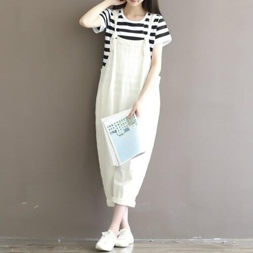 Women Casual Loose White Cotton Linen Jumpsuits Female Cute Overalls leisure Maxi Wide leg pants Plus Size Troursers