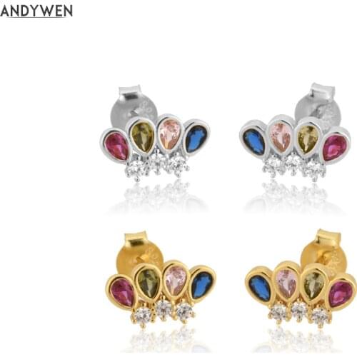 ANDYWEN 925 Sterling Silver Rainbow Ovals Stud Earring Women Luuxry Zircon Stud Earring For Rock Punk Fashion Fine Jewelry