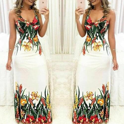 Summer Boho Women`s Hawaii Beach Strappy Floral Sleeveless Maxi Sundress Casual Ladies Sexy Party Long Dress Vestidos