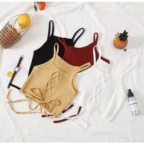 Women Crop Top Knitted Bandage Tops Spaghetti Club Camis Halter Tank Top Female Bare Midriff Solid Camisole 2020 Summer