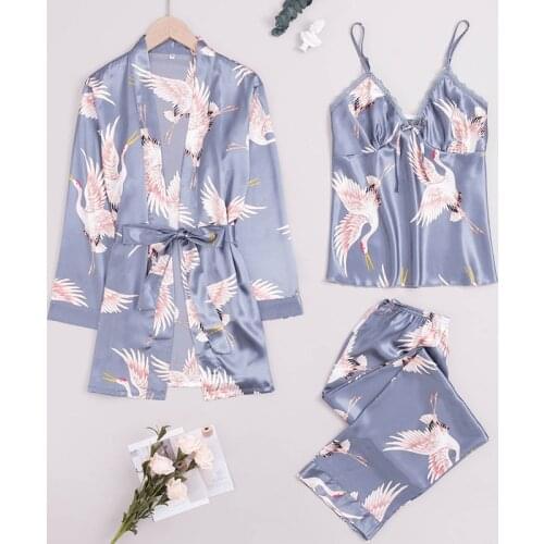 3Pcs/set Spring Autumn Women Satin Pijama Sets Print Pajama Sleepwear Spaghetti Strap Pyjamas XL XXL XXXL