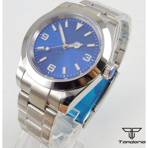 36mm tandorio MIYOTA 8215 Movement Mens Watch Blue Dial Sapphire glass Date Steel Bracelet