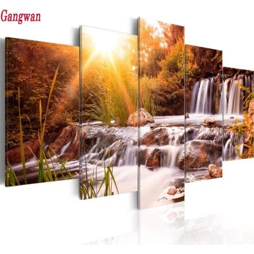 5d DIY Diamond Painting waterfall nature scenery Cross Stitch Kits Full Diamond Embroidery autumn view 3D Diamond Mosaic 5pcs