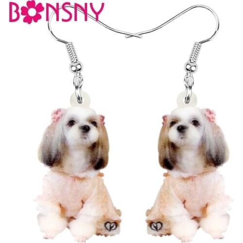 Bonsny Acrylic Chinese Shih Tzu Dog Pet Earrings Big Cute Printing Animal Dangle Drop Jewelry For Women Fashion Gift Accessories