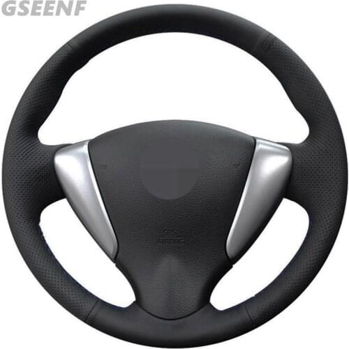 Car Steering Wheel Cover for Nissan Tiida Sylphy 2015-2012 Versa 2019-2015 Versa Note Black Hand-stitched Artificial Leather