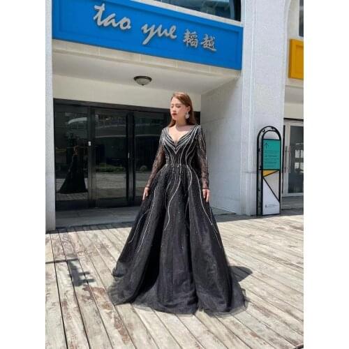 Black Long Sleeves Porm Fashion A-Line Ladies Beading Formal Crystals Luxury Evening Party Dark Gowns New1670