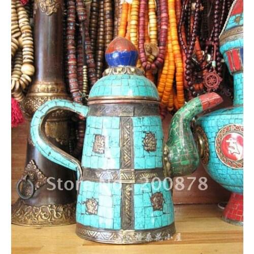 HDC0788 Tibetan Bar Resterant decor oranmanet,brass turquoise butter kettle,Tibetan antiqued home decor handicrafts,23*11cm
