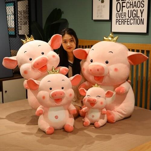 Kawaii Tongue-out Piggy Plush Toys Soft Stuffed Cartoon Animal Crown Fatty Pig Doll Sleeping Plushie Companion for Children Gift