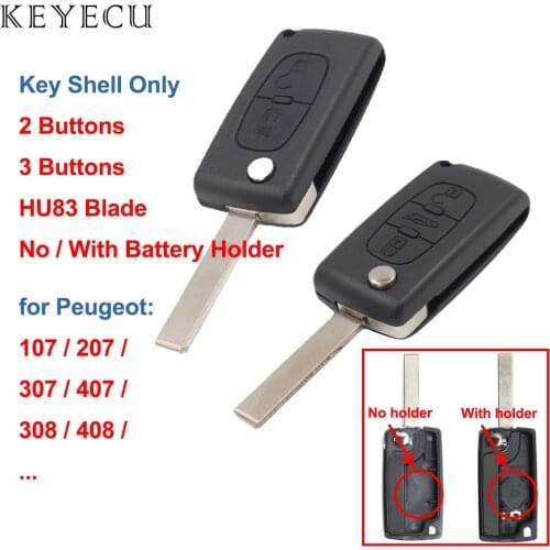 Keyecu 2 / 3 Buttons Flip Remote Key Shell Case Cover HU83 Blade for Peugeot 107 207 307 407 308 408 with or No Battery Holder