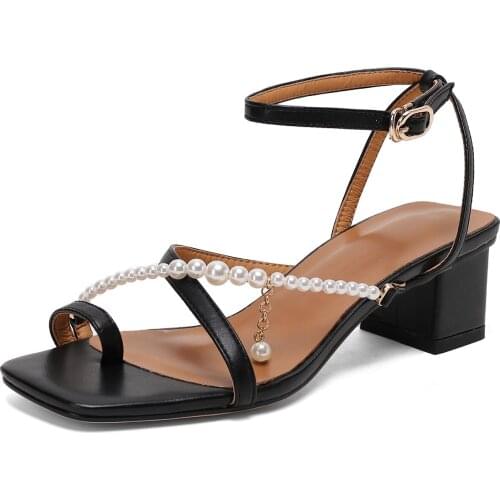 Kmeioo Fashion Pearl square heel slippers women shoes high quality leather comfortable Casual Elegant summer sandals4.5cm