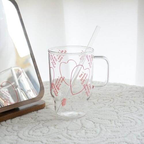 Red love borosilicate glass bowl glass water cup with handle mug Cups For Breakfast Milk Tea Juice Brinkware Beer
